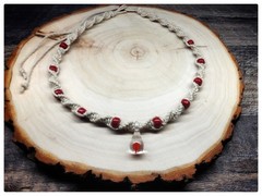 Natural Color Hemp Necklace With Red Mushroom Pendant & Glass Beads