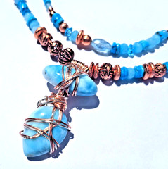 Gemstone Beaded Double Strand Necklace Larimar Aquamarine Copper Wire Wrapped