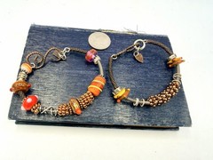 2 Pcs Artisan Handmade Bracelet Copper Tone Wire Glass Focal Beads Unique NOS A