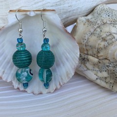 Boho style Teal Earrings Handcrafted Glass Wood Acrylic Sterling Silver