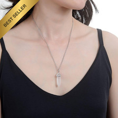 Natural Gemstone Bullet Pendant Necklace Quartz Crystal 18in Steel Chain Women