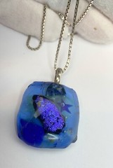 Avon Dichroic Fused Art Glass Blue Floral Square Pendant Necklace 925 Chain