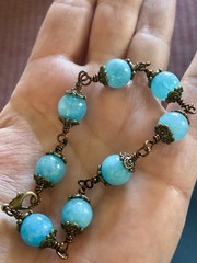 Blue Quartz , Wire Wrapped Stone Bracelet In bronze with Antiqued Spacer Beads