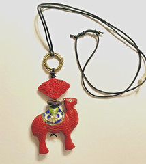 Cinnabar and Cloisonné Enamel Camel adjustable Cotton Knot Necklace