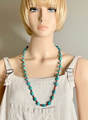 Artisan Crafted Oval Turquoise Bead Red Coral Necklace 14K Gold Accent 30″ L #2