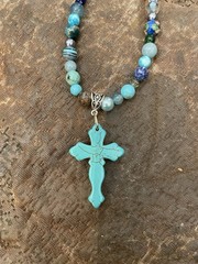 Retro Blue Howlite Turquoise Blue Agate Cross Pendant Crystal Bead Necklace