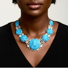 «Carved» Fake Turquoise (Resin) Alpaca Silver Necklace Made In India