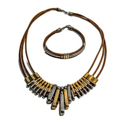 Artisan Mixed Metal Brass & leather 3 Strand Necklace & Bracelet 16″