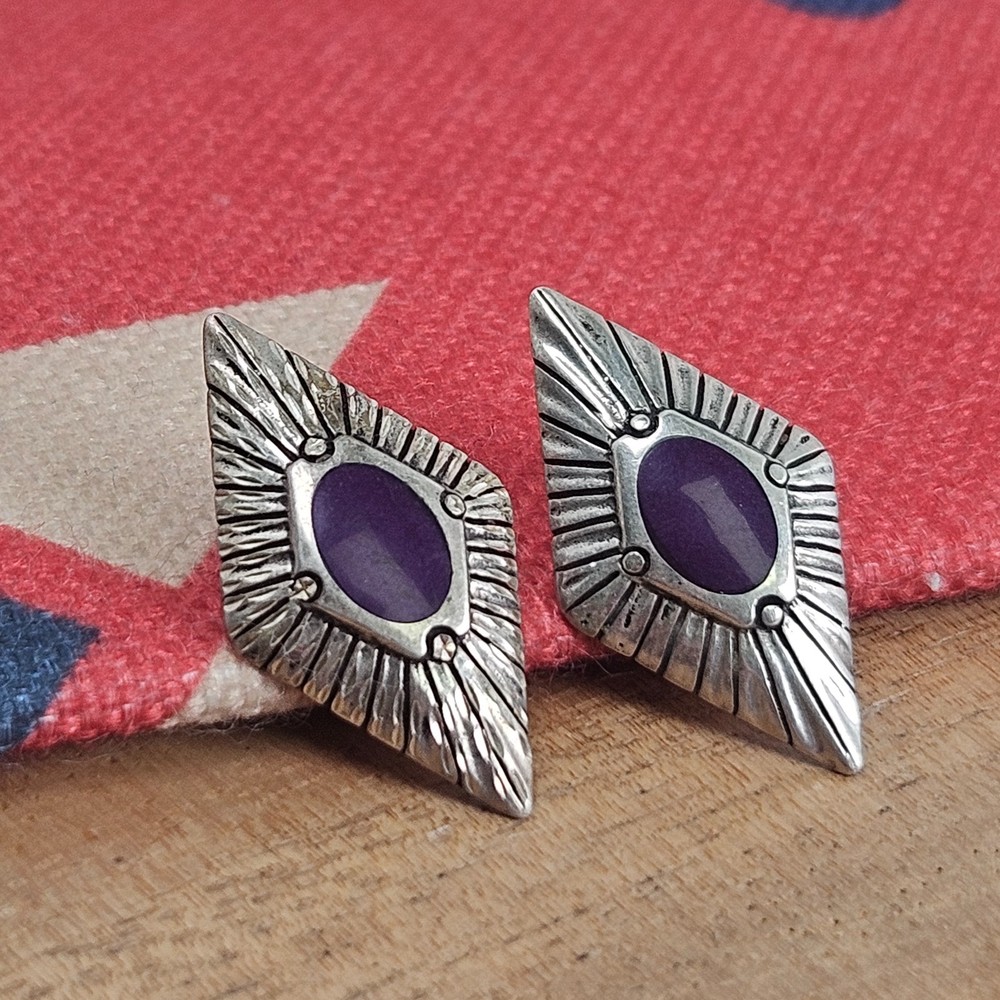 Fox Studio Vintage Navajo Sterling Silver Purple Sugilite Shield Earrings Signed