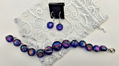 Handcrafted Fused Blue Multi Dichroic Glass Cabochon Bracelet/ Bonus Earrings