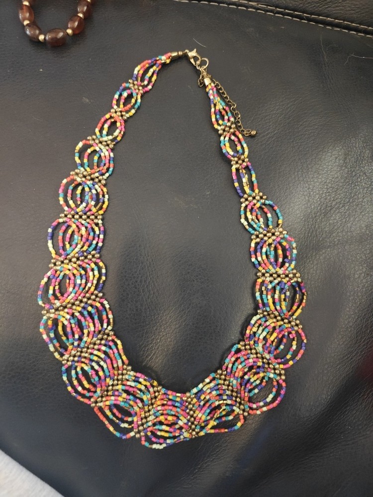 Multicolor Seed Bead Bib Collar Necklace Boho Statement Unsigned Costume Jewelry