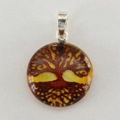 Carved Round BALTIC AMBER Tree of Life Pendant – 925 STERLING SILVER #2164e