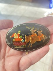 Christmas Handmade in Russia Wooden Oval Brooch Pin Santa On Sleigh & Deer