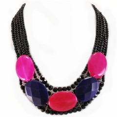 Multi-strand Black Necklace w/Hot Pink & Purple Agate & Silver Tone Clasp 17-20″