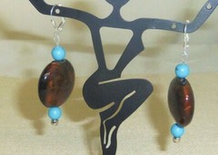 Brown Lampwork Glass Chalk Turquoise handmade 2.25in dangle earrings jewelry E81