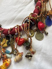 Handmade Multiple Clay/Metal Charm Coin Scarf Necklace Peruvian S American Gypsy