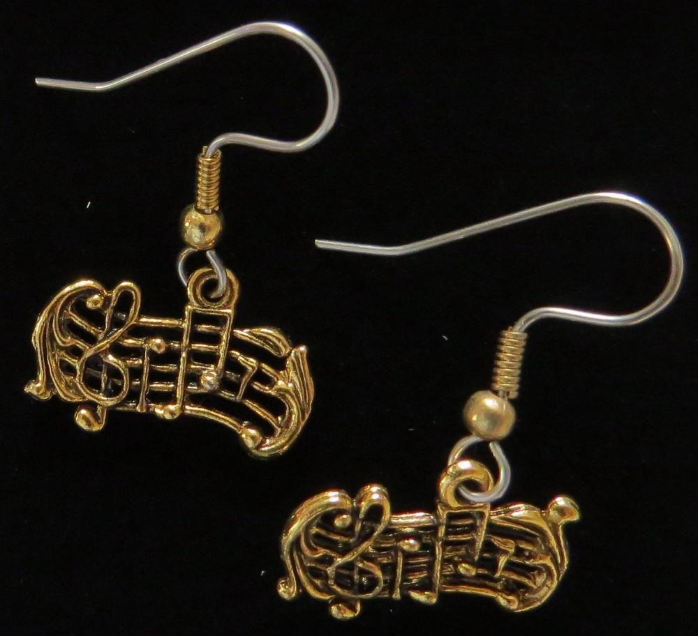 Music Staff Earrings 24 Kt Gold Plate Treble Clef Notes Band Orchestra Symphony