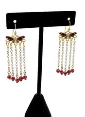 14k Yellow Gold Plated, Red Butterfly, Dangle/Chandelier Earrings