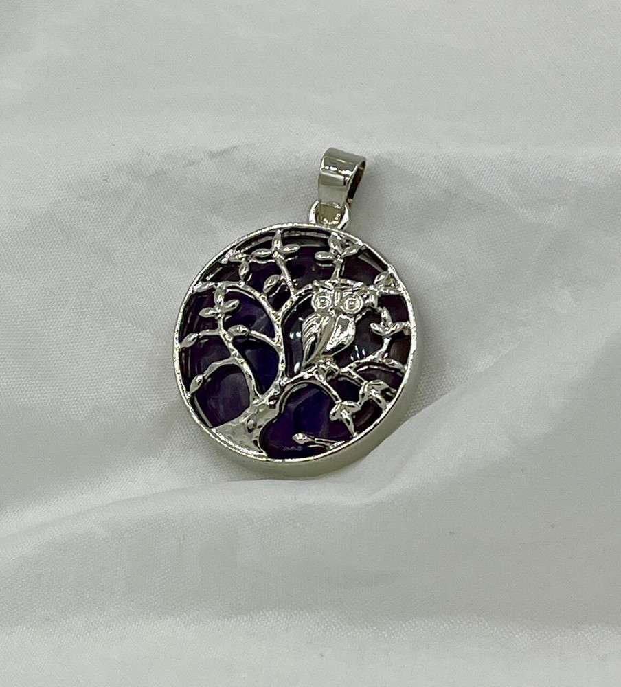Natural Amethyst Gemstone Round Cabochon Pendant Silver Tone Owl in Tree Frame