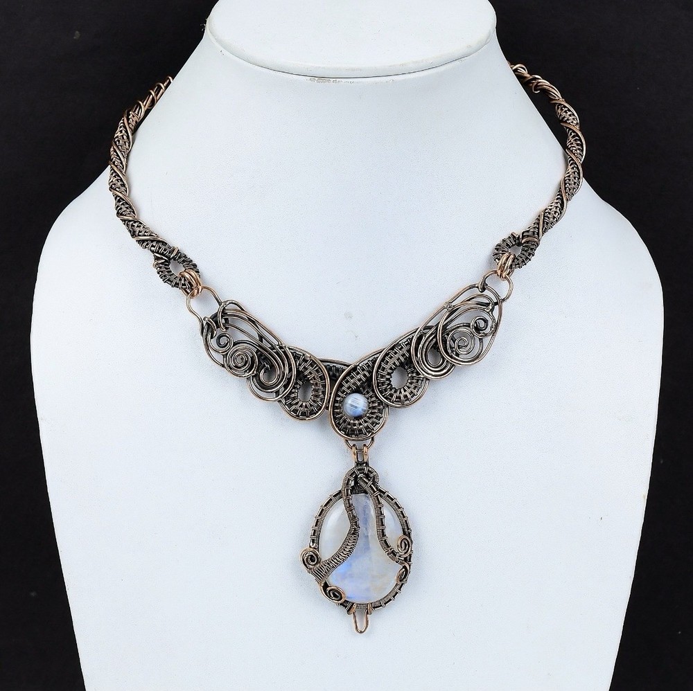 Handmade Rainbow Moonstone Copper Wire Wrapped Amulet Necklace 18″