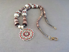 Woven Seed Bead Pendant Necklace Sterling Silver Handmade Shell Disc Pearl