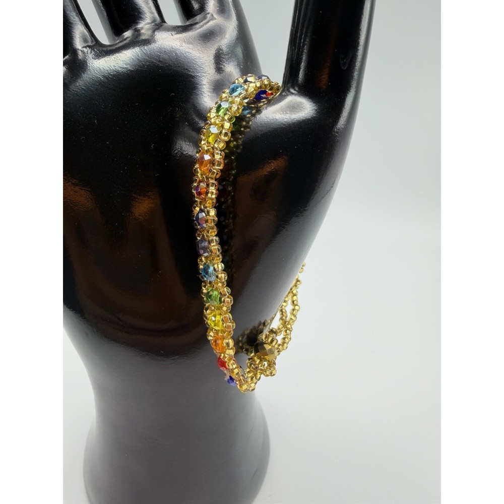 Handmade Gold Rainbow Beaded Bracelet Multicolor Crystal Seed Bead 8.25 Inch
