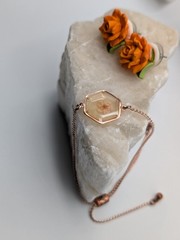 Rose Gold Tone Pressed Flower Hexagon Bolo Slider Bracelet Handmade Artisan