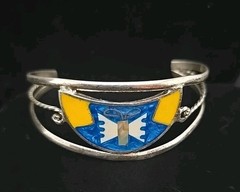 Vintage Mexican Cuff Bracelet Alpaca Blue Yellow White Abalone Inlay Butterfly