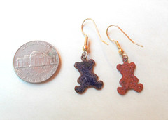 Enamel on Copper DANGLE EARRINGS -TEDDY BEAR SHAPE- TAN/OLIVE GREEN COLORS