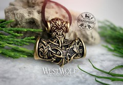 Viking «Mjolnir» Hammer Pendant with Odin’s Wolves & Triquetra Design — Bronze