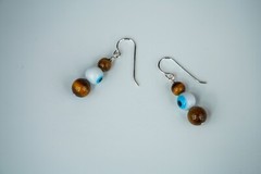 New Sterling Silver Tigers Eye Blue Glass Eye Bead Dangle Earrings 3.5cm