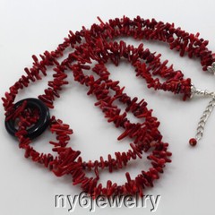 2 strands Red Coral Chip and Black Onyx Ring Necklace gift idea FREE SHIPPING
