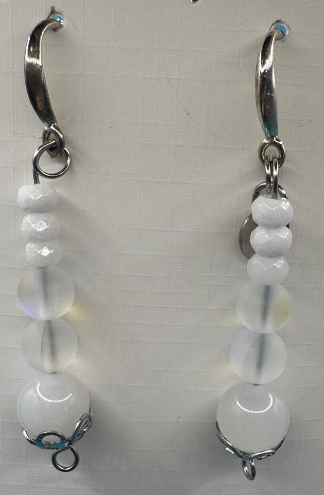 Artisan Made Signed Natural Faceted White Jade Moonstone Quartz SS 925 Earrings