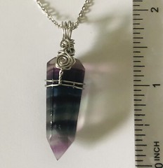 Natural rainbow fluorite crystal point wire wrapped pendant necklace