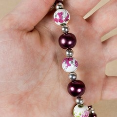 Vintage Artisan Handmade Painted Rose Bead Necklace Purple Toggle Clasp 18in A29