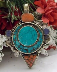 TIBETAN NAPALI TURQUOISE, RED CORAL & LAPIS LAZURI 925 SS PENDANT