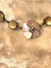 Mother of Pearl Flower, Rhinestone Choker Necklace, Silver-Tone Floral Statement