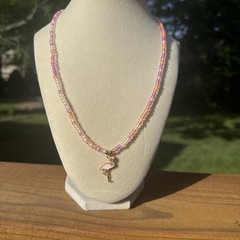 Pink, Orange, white beaded necklace with flamingo charm Homemade NWT