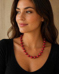 Vintage Handmade Paper Bead Necklace Red Artisan Boho Jewelry 18 Inch
