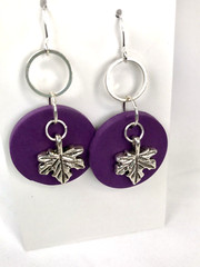 Handmade Purple Clay Leaf Hoop Earring, Silver Plated Hooks
