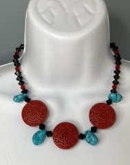 Carved Chinese Cinnabar Turquoise red black necklace