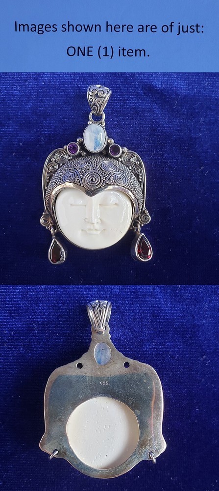 Sterling Silver Goddess Carved Moon Face Multi Gemstones Pendant 25pt399
