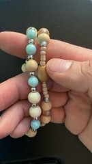 Handmade Blue/Beige Glass & Wood Beaded Bracelet, 8mm/2mm Round Unisex #062