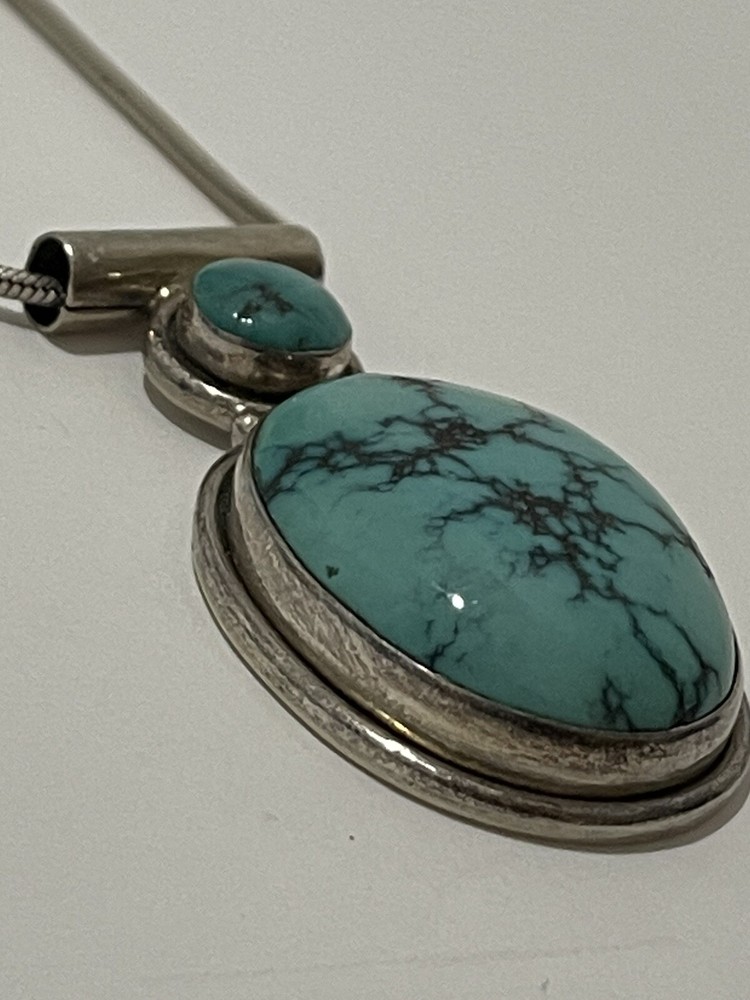Natural Two Stone Native American Turquoise Cabochons & Sterling Necklace