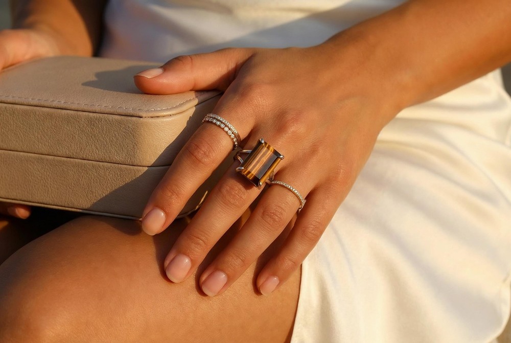 Sterling Silver Tiger Eye Ring Handmade Rectangle Gemstone Lightweight Fit