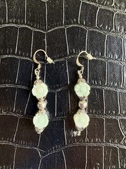 Fashion Earrings Carved Chalcedony Pale Aqua Flower Floral Silvertone Dangle