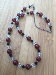 Handmade Beaded Necklace Gunmetal Tone Black, Clear, and Dark Red Glass Beads