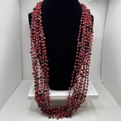 Red and Brown Wood Bead Necklace Hand Crochet Multi Strand