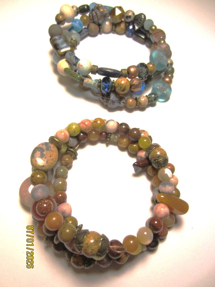 2 Gemstone Memory Wire Bracelets Handmade Jewelry
