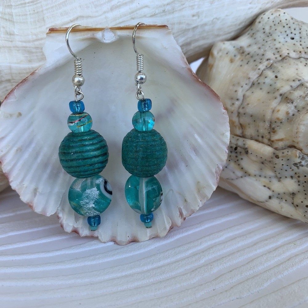 Boho style Teal Earrings Handcrafted Glass Wood Acrylic Sterling Silver